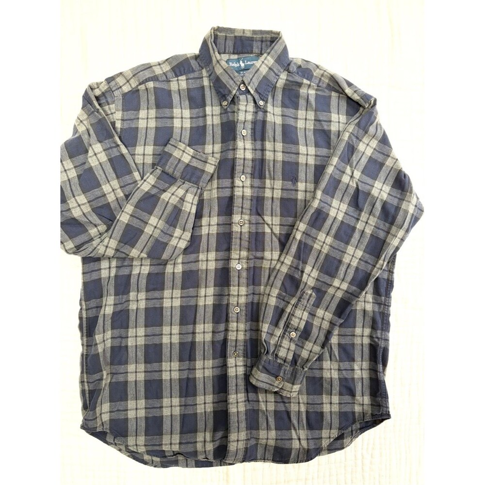 Vintage 90s Polo Ralph Lauren Blaire Button Down Shirt Blue Gray Plaid Cotton Me